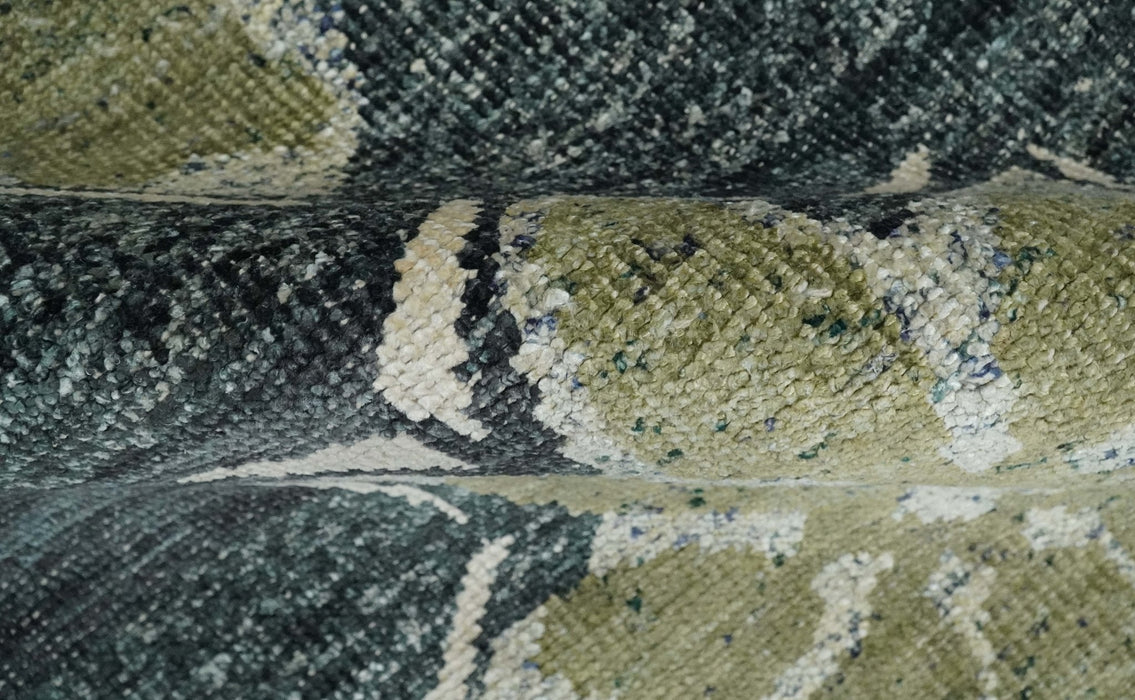 Hand Knotted 5x8 Charcoal and Olive Floral Design Recycled Silk Area Rug