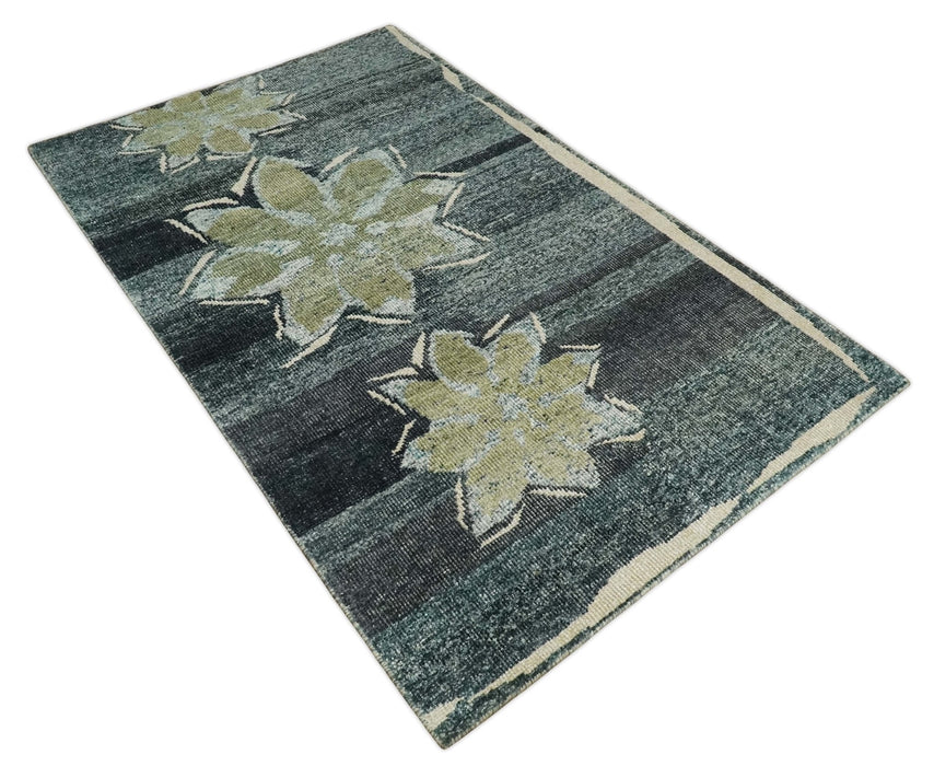 Hand Knotted 5x8 Charcoal And Beige Floral  Recycled Silk Area Rug