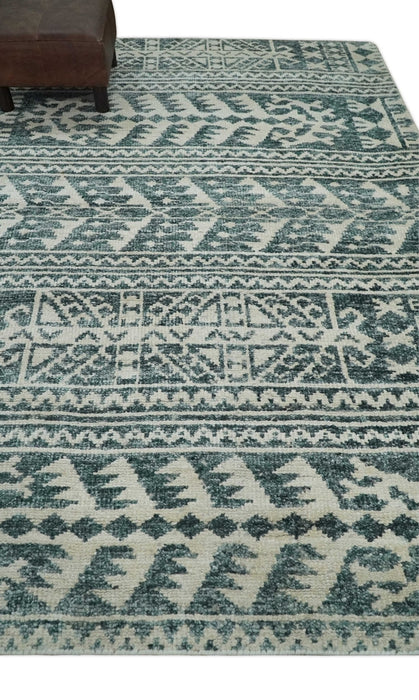 Hand Knotted 5x8 Ivory and Teal Modern Persian Style Contemporary Recycled Silk Area Rug | OP113