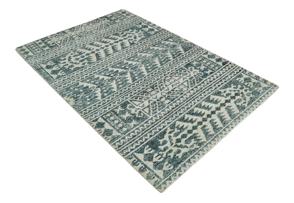 Hand Knotted 5x8 Ivory and Teal Modern Persian Style Contemporary Recycled Silk Area Rug | OP113