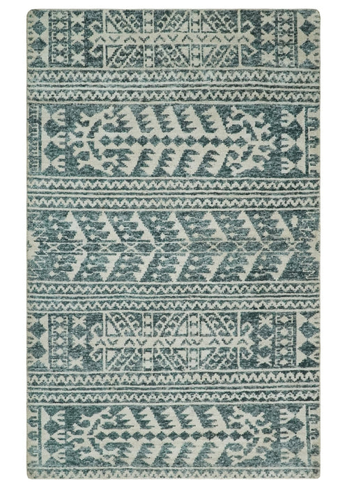 Hand Knotted 5x8 Ivory and Teal Modern Persian Style Contemporary Recycled Silk Area Rug | OP113