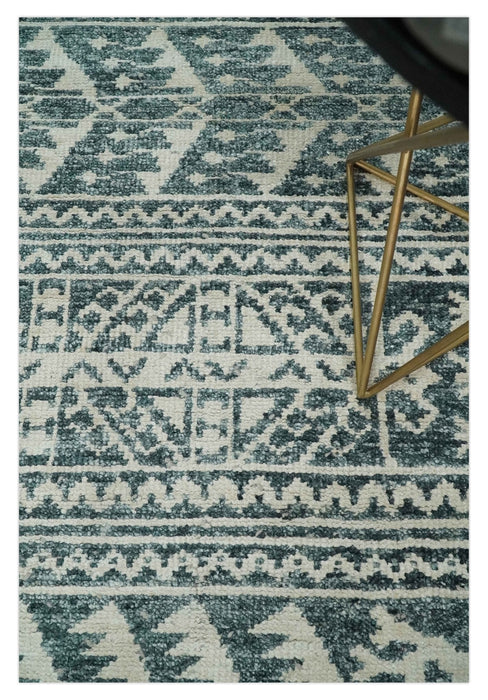 Hand Knotted 5x8 Ivory and Teal Modern Persian Style Contemporary Recycled Silk Area Rug | OP113