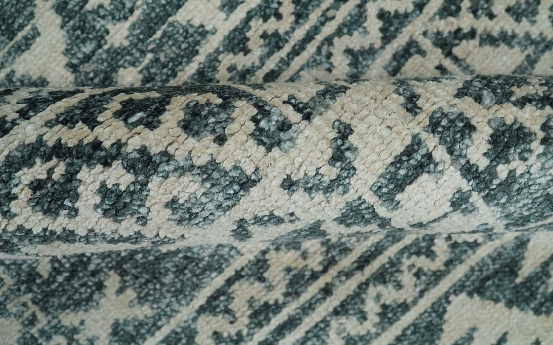 Hand Knotted 5x8 Ivory and Teal Modern Persian Style Contemporary Recycled Silk Area Rug | OP113