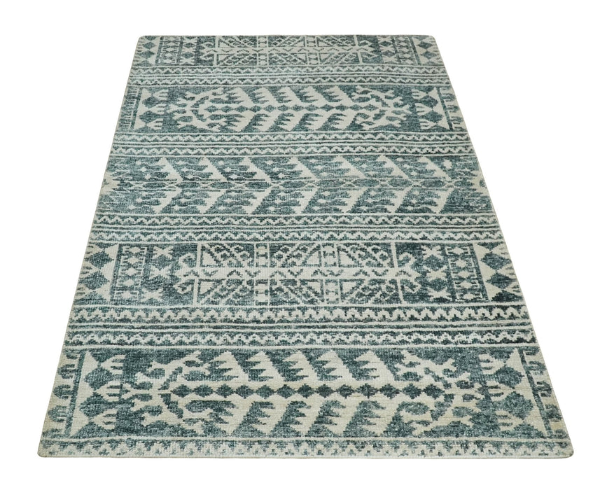 Hand Knotted 5x8 Ivory and Teal Modern Persian Style Contemporary Recycled Silk Area Rug | OP113