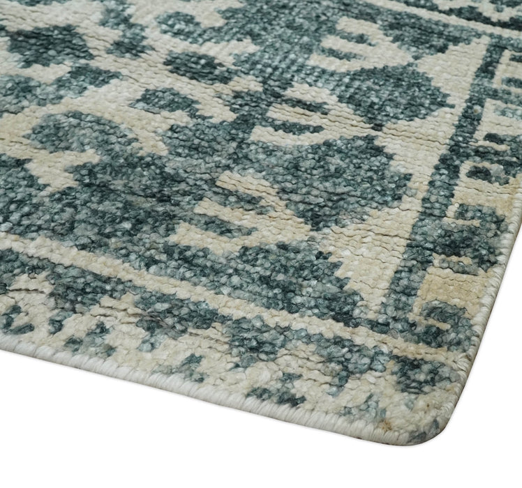 Hand Knotted 5x8 Ivory and Teal Modern Persian Style Contemporary Recycled Silk Area Rug | OP113