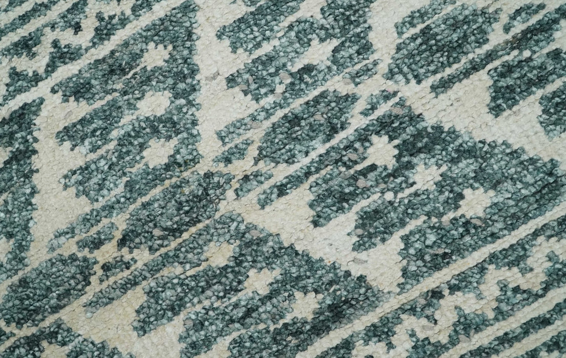 Hand Knotted 5x8 Ivory and Teal Modern Persian Style Contemporary Recycled Silk Area Rug | OP113