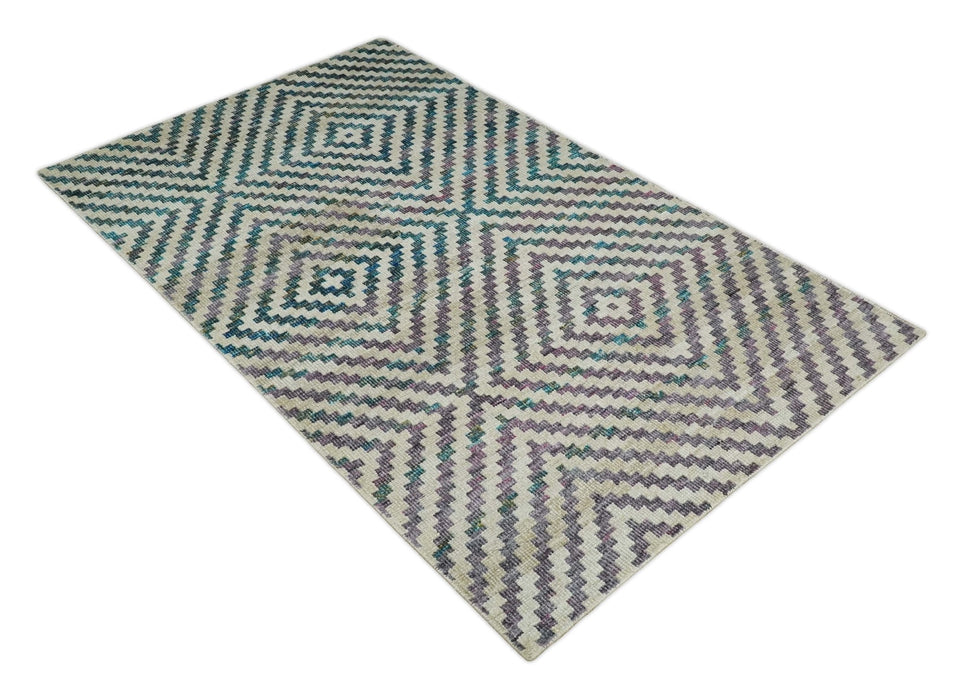 Hand Knotted 5x8 Ivory, Blue and Purple Antique Persian Geometric Style Contemporary Bamboo Silk Area Rug | OP125