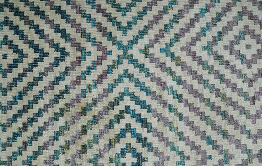 Hand Knotted 5x8 Ivory, Blue and Purple Antique Persian Geometric Style Contemporary Bamboo Silk Area Rug | OP125
