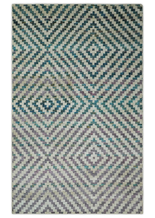 Hand Knotted 5x8 Ivory, Blue and Purple Antique Persian Geometric Style Contemporary Bamboo Silk Area Rug | OP125