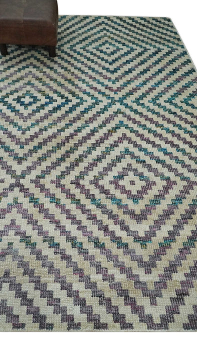 Hand Knotted 5x8 Ivory, Blue and Purple Antique Persian Geometric Style Contemporary Bamboo Silk Area Rug | OP125