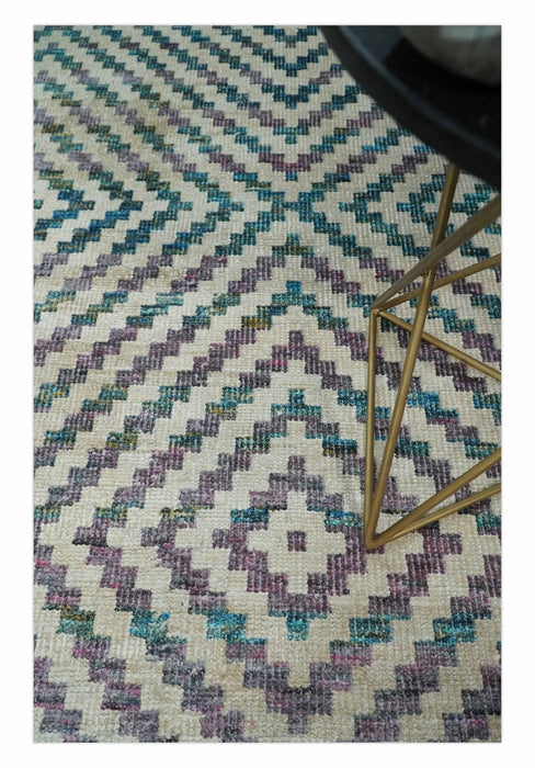 Hand Knotted 5x8 Ivory, Blue and Purple Geometric Style  Bamboo Silk Area Rug
