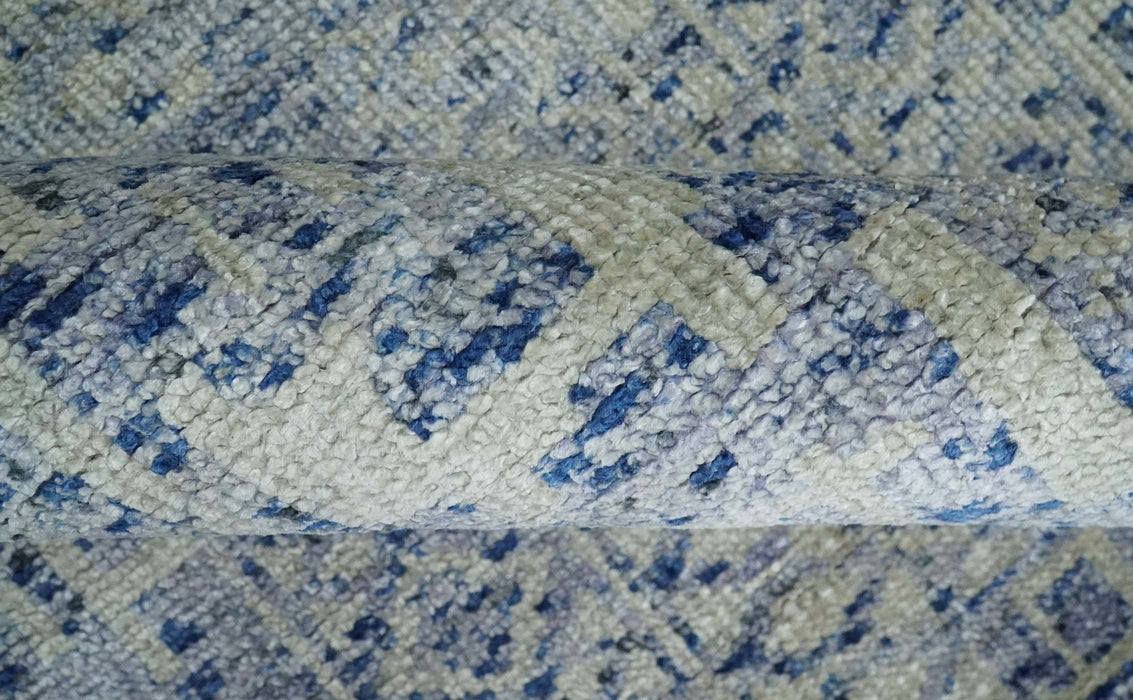 Hand Knotted 5x8 Ivory, Purple and Blue Modern Contemporary Southwestern Tribal Trellis Recycled Silk Area Rug | OP104