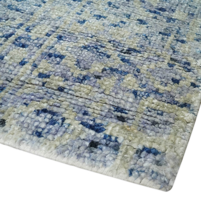 Hand Knotted 5x8 Ivory, Purple and Blue Modern Contemporary Southwestern Tribal Trellis Recycled Silk Area Rug | OP104