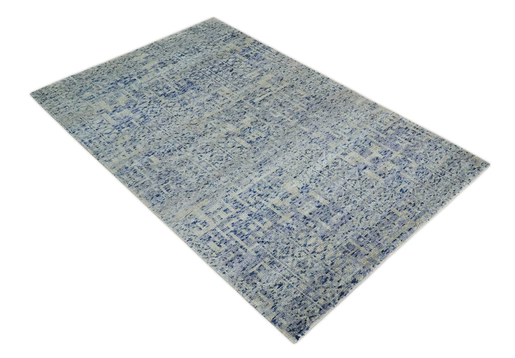 Hand Knotted 5x8 Ivory, Purple and Blue Modern Contemporary Southwestern Tribal Trellis Recycled Silk Area Rug | OP104