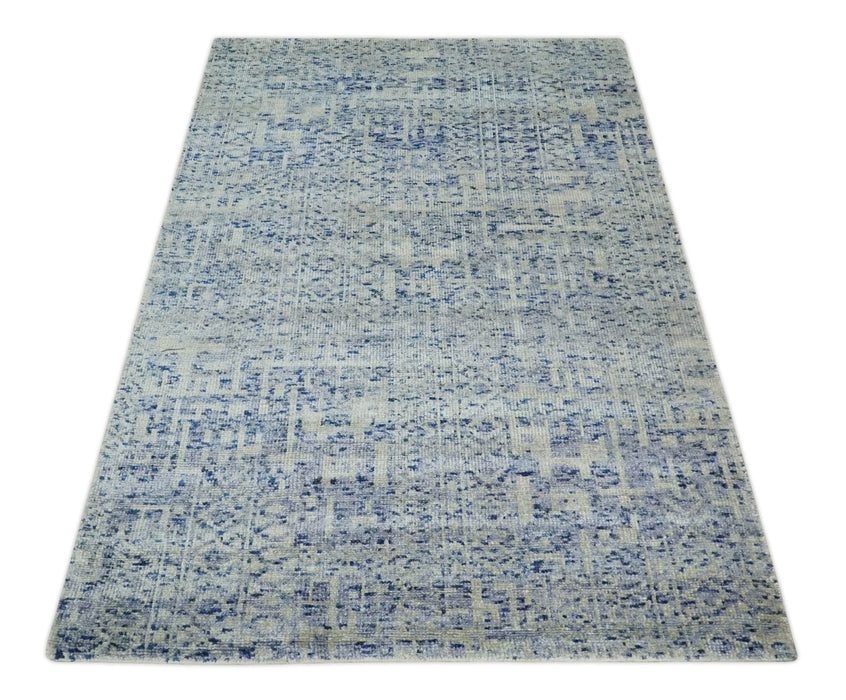 Hand Knotted 5x8 Ivory, Purple and Blue Modern Contemporary Southwestern Tribal Trellis Recycled Silk Area Rug | OP104