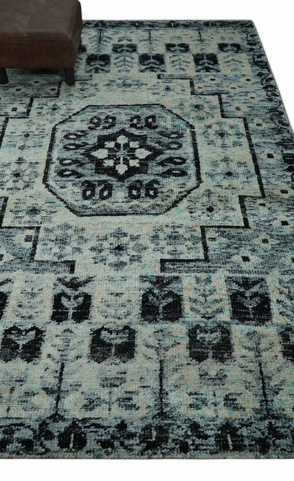 Hand Knotted 5x8 Ivory, Silver and Black Antique Persian Geometric Style Contemporary Bamboo Silk Area Rug | OP110