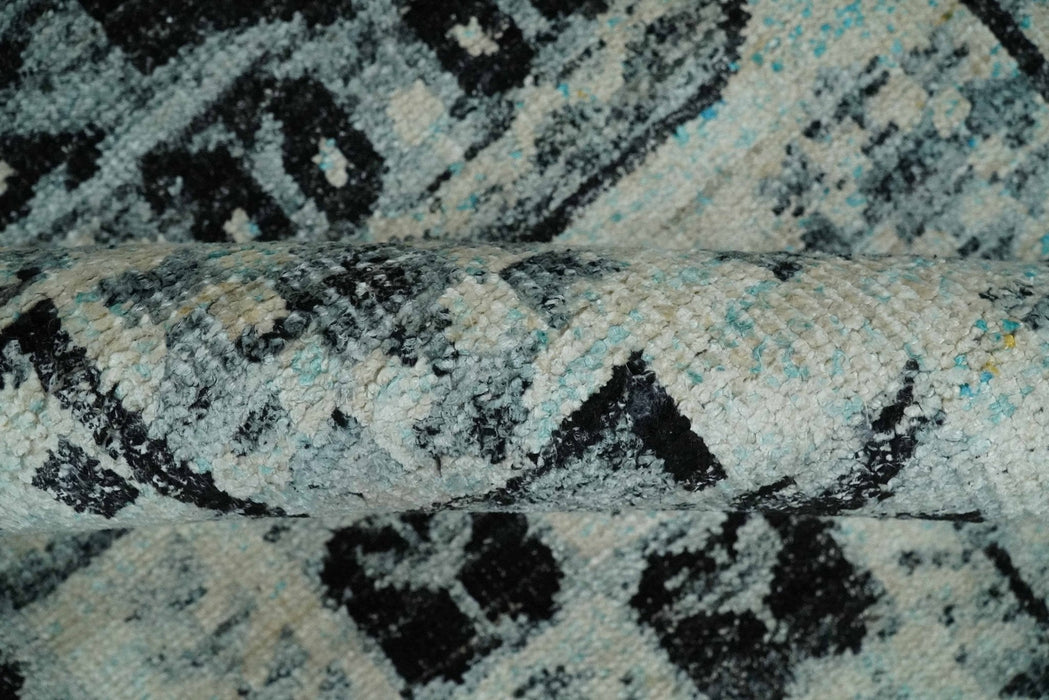 Hand Knotted 5x8 Ivory, Silver and Black Antique Persian Geometric Style Contemporary Bamboo Silk Area Rug | OP110