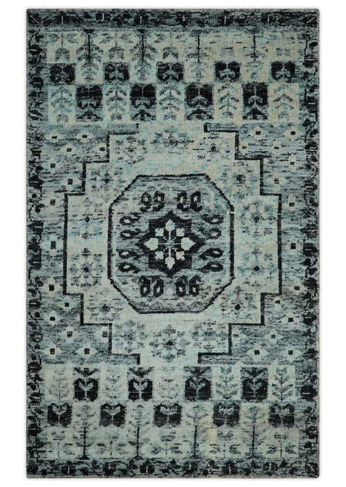 Hand Knotted 5x8 Ivory, Silver and Black Antique Persian Geometric Style Contemporary Bamboo Silk Area Rug | OP110
