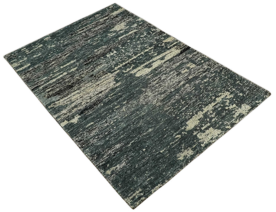 Hand Knotted 5x8 Ivory, moss green and Black Modern Abstract Contemporary Recycled Silk Area Rug | OP74