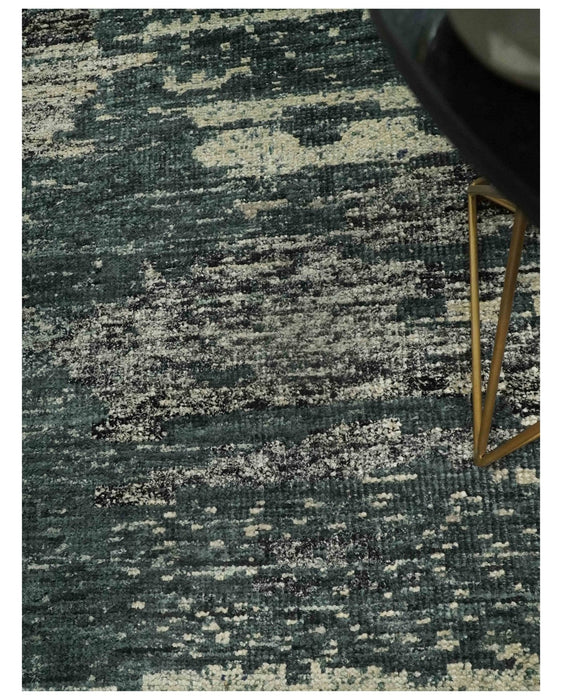 Hand Knotted 5x8 Ivory, moss green and Black Modern Abstract Contemporary Recycled Silk Area Rug | OP74