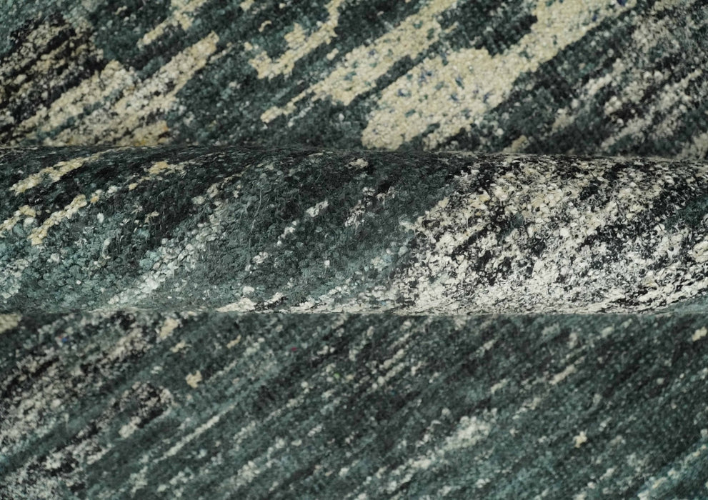 Hand Knotted 5x8 Ivory, moss green and Black Modern Abstract Contemporary Recycled Silk Area Rug | OP74