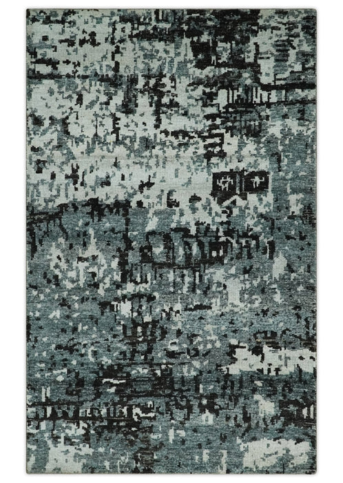 Hand Knotted 5x8 Ivory, Teal and Black Modern Abstract Contemporary Recycled Silk Area Rug | OP91