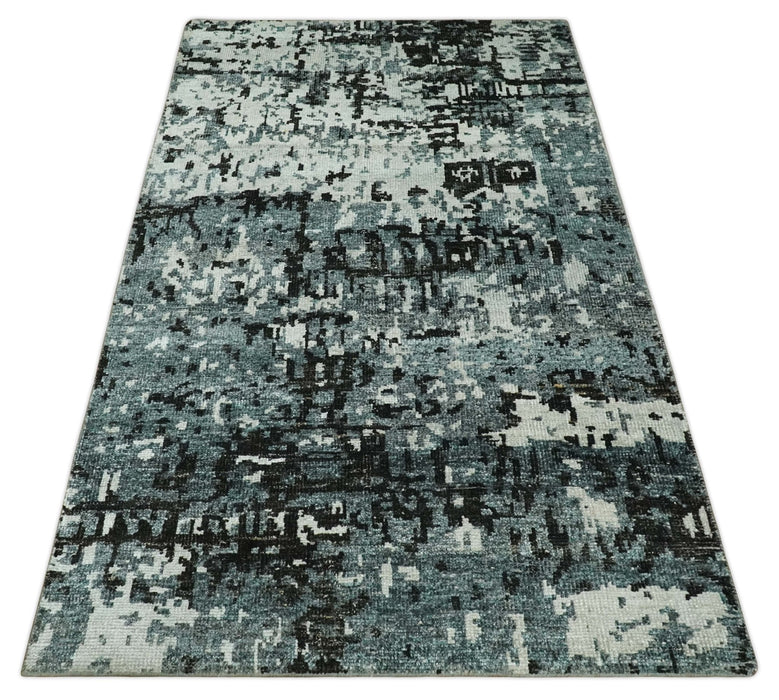 Hand Knotted 5x8 Ivory, Teal and Black Modern Abstract Contemporary Recycled Silk Area Rug | OP91