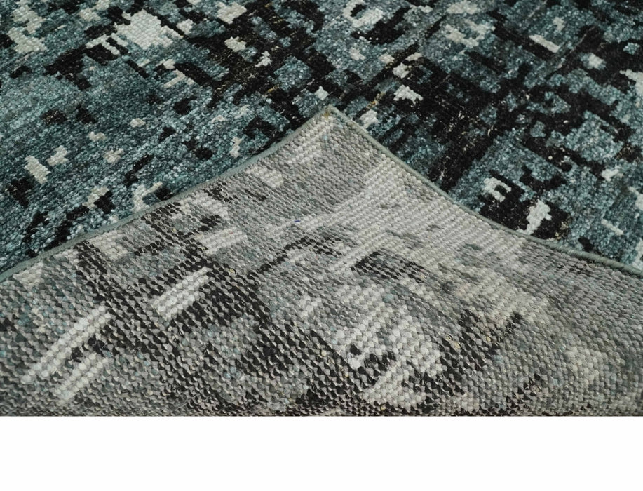 Hand Knotted 5x8 Ivory, Teal and Black Modern Abstract Contemporary Recycled Silk Area Rug | OP91