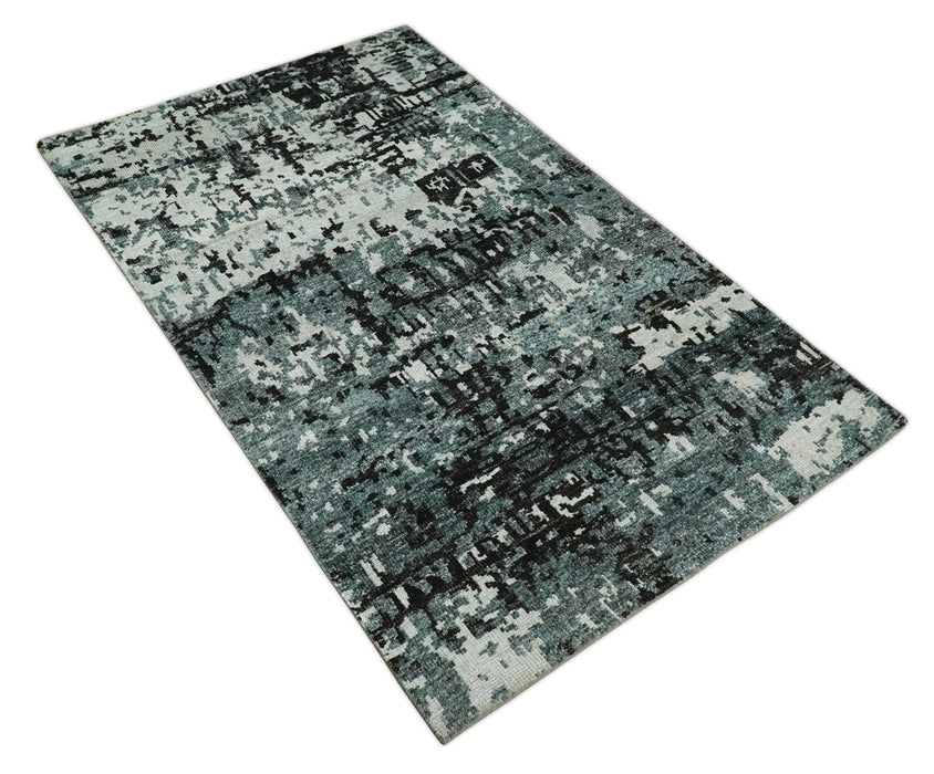Hand Knotted 5x8 Ivory, Teal and Black Modern Abstract Contemporary Recycled Silk Area Rug | OP91