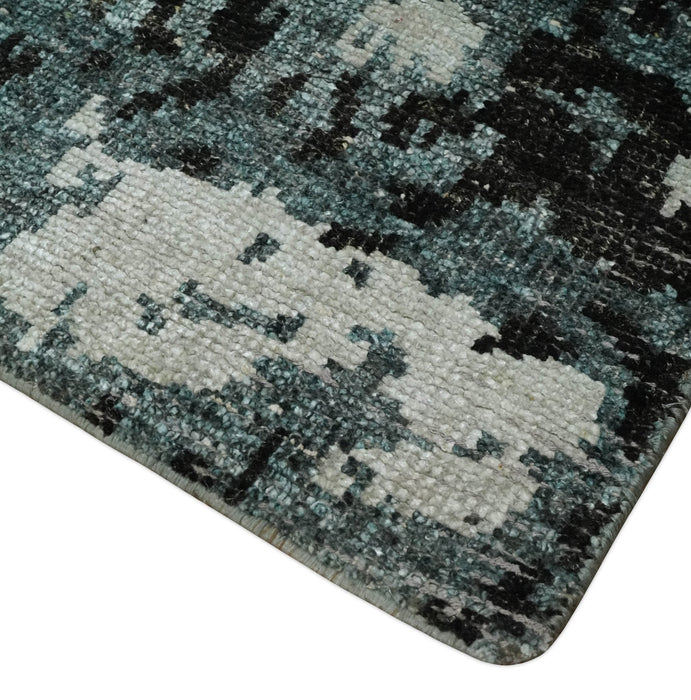 Hand Knotted 5x8 Ivory, Teal and Black Modern Abstract Contemporary Recycled Silk Area Rug | OP91