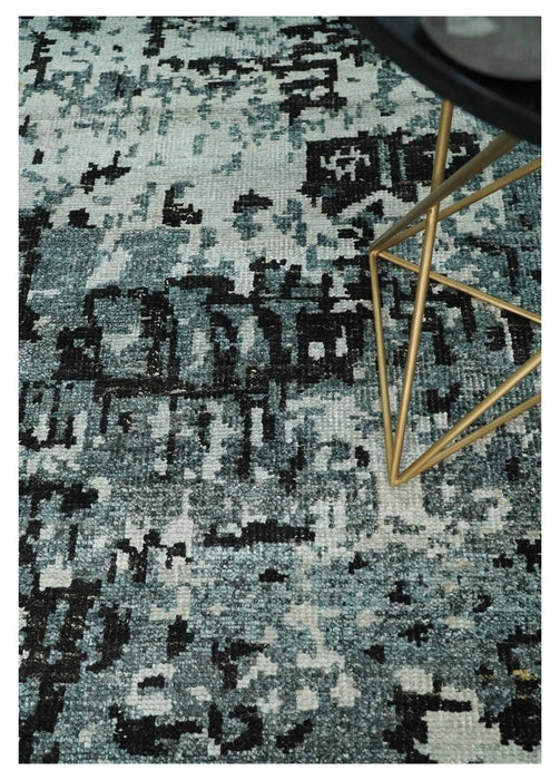 Hand Knotted 5x8 Ivory, Teal and Black Modern Abstract Contemporary Recycled Silk Area Rug | OP91