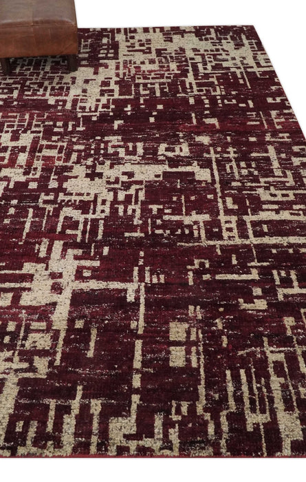 Hand Knotted 5x8 Maroon and Beige Modern Abstract Contemporary Recycled Silk Area Rug