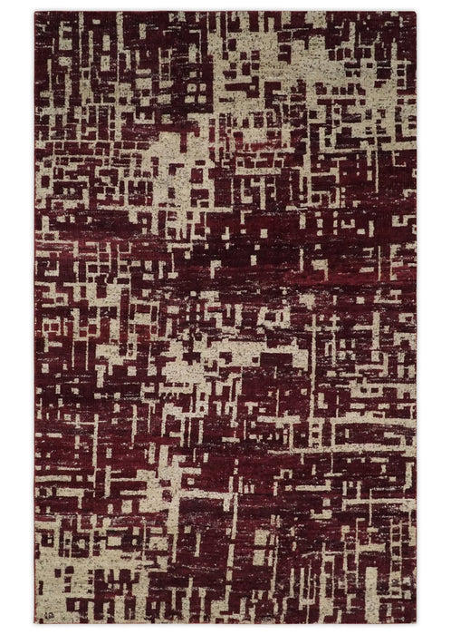 Hand Knotted 5x8 Maroon and Beige Modern Abstract Contemporary Recycled Silk Area Rug