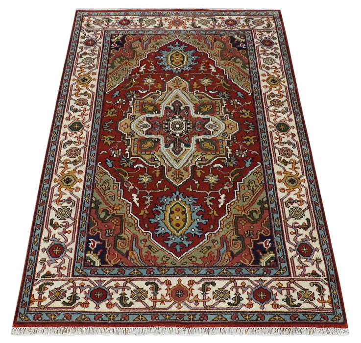 Hand knotted 5x8 Mustard, Brown and Ivory Traditional Heriz Serapi wool area rug