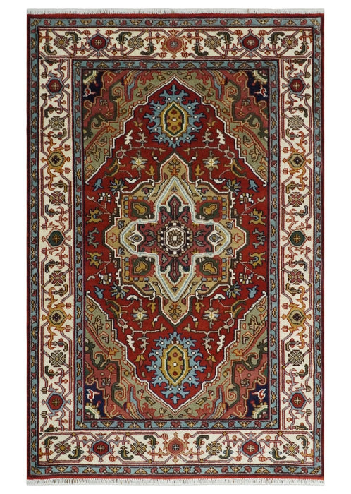 Hand knotted 5x8 Mustard, Brown and Ivory Traditional Heriz Serapi wool area rug