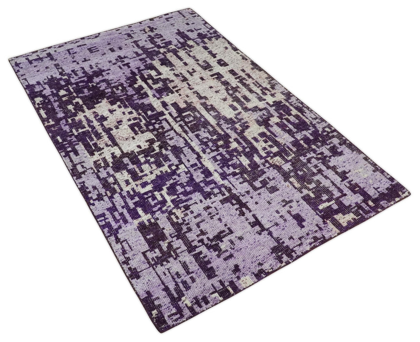 Hand Knotted 5x8 Purple, Violet and Ivory Modern Abstract Contemporary Recycled Silk Area Rug | OP131