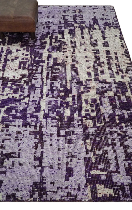 Hand Knotted 5x8 Purple, Violet and Ivory Modern Abstract Contemporary Recycled Silk Area Rug | OP131