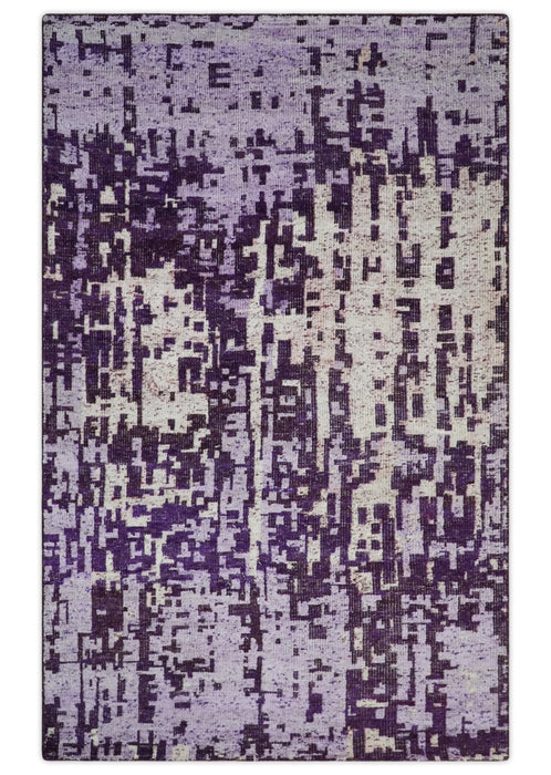 Hand Knotted 5x8 Purple, Violet and Ivory Modern Abstract Contemporary Recycled Silk Area Rug | OP131