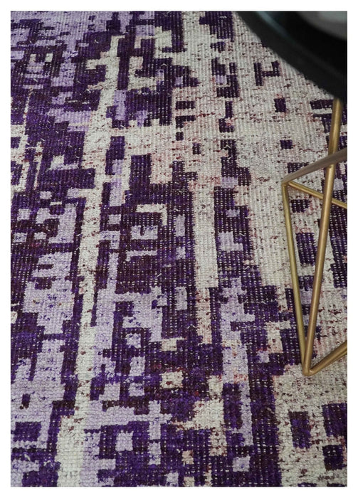 Hand Knotted 5x8 Purple, Violet and Ivory Modern Abstract Contemporary Recycled Silk Area Rug | OP131