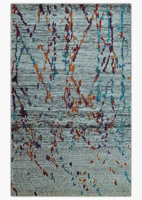 Hand Knotted 5x8 Silver, Red and Gold Modern Abstract Contemporary Recycled Silk Area Rug | OP93