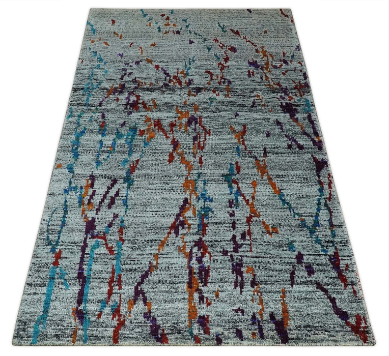 Hand Knotted 5x8 Silver, Red and Gold Modern Abstract Contemporary Recycled Silk Area Rug | OP93