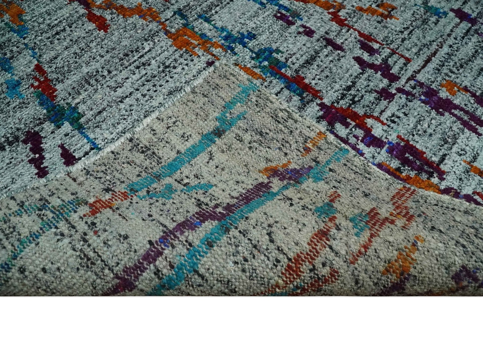 Hand Knotted 5x8 Silver, Red and Gold Modern Abstract Contemporary Recycled Silk Area Rug | OP93
