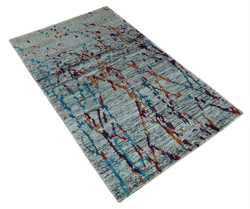 Hand Knotted 5x8 Silver, Red and Gold Modern Abstract Contemporary Recycled Silk Area Rug | OP93