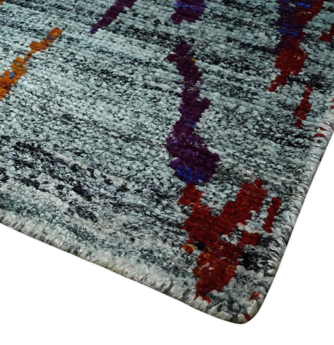 Hand Knotted 5x8 Silver, Red and Gold Modern Abstract Contemporary Recycled Silk Area Rug | OP93