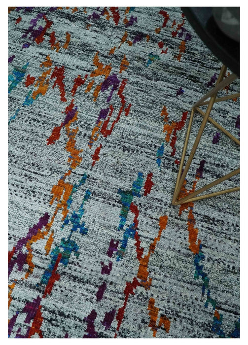 Hand Knotted 5x8 Silver, Red and Gold Modern Abstract Contemporary Recycled Silk Area Rug | OP93
