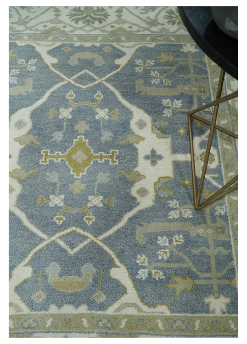 Hand Knotted 6x6 Square Oriental Oushak Ivory, Charcoal and olive Wool Area Rug