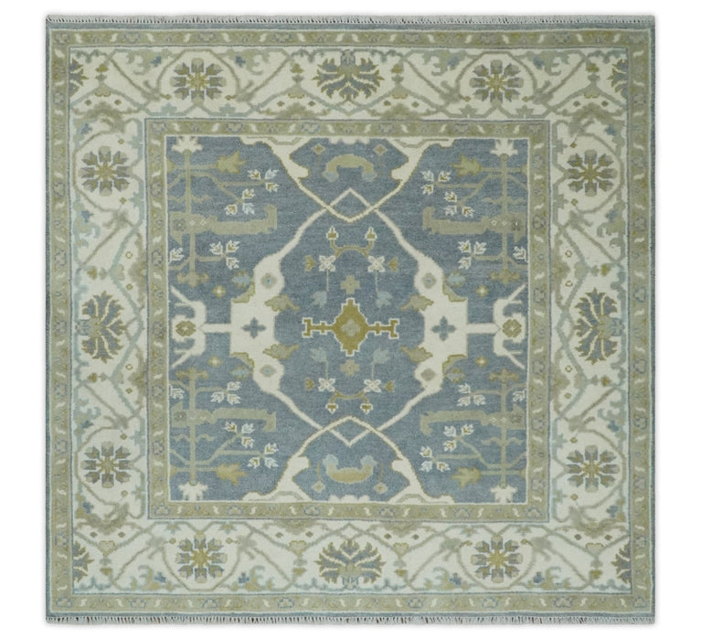 Hand Knotted 6x6 Square Oriental Oushak Ivory, Charcoal and olive Wool Area Rug