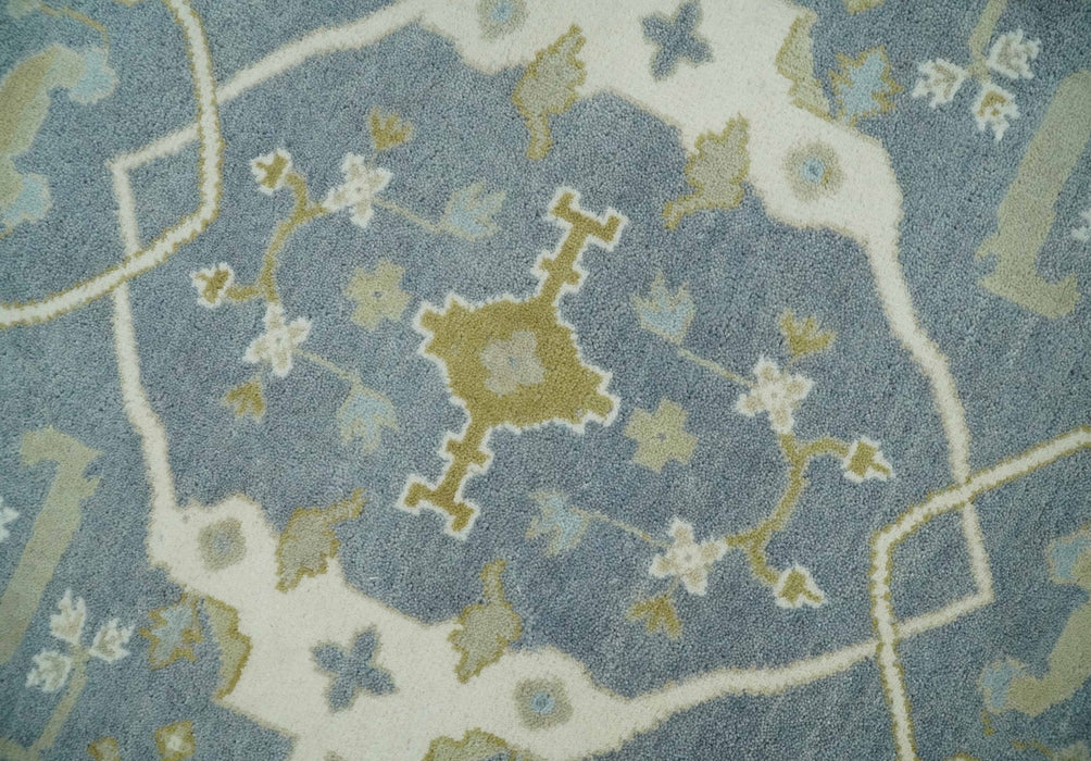 Hand Knotted 6x6 Square Oriental Oushak Ivory, Charcoal and olive Wool Area Rug