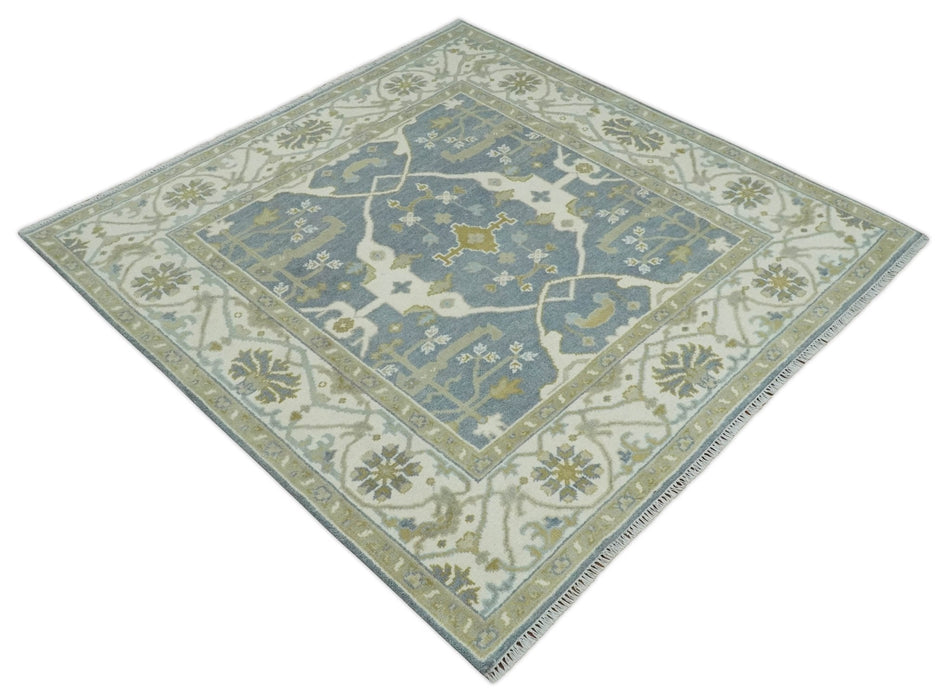 Hand Knotted 6x6 Square Oriental Oushak Ivory, Charcoal and olive Wool Area Rug