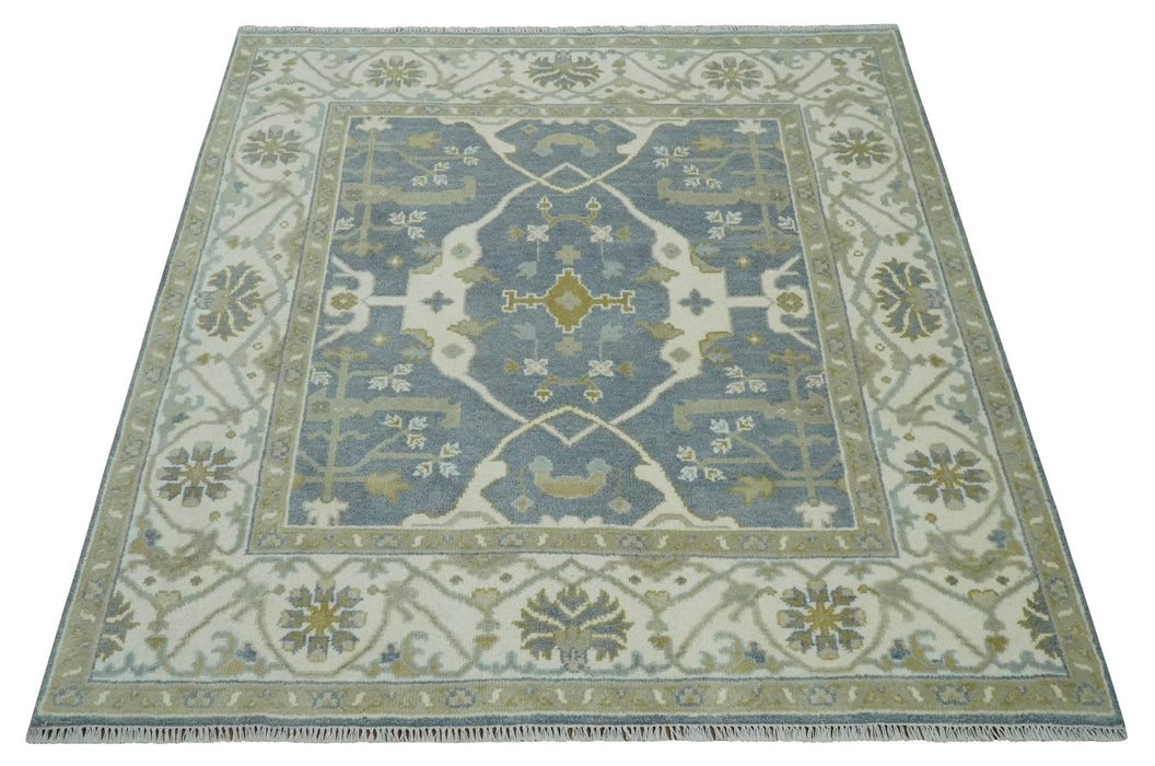 Hand Knotted 6x6 Square Oriental Oushak Ivory, Charcoal and olive Wool Area Rug